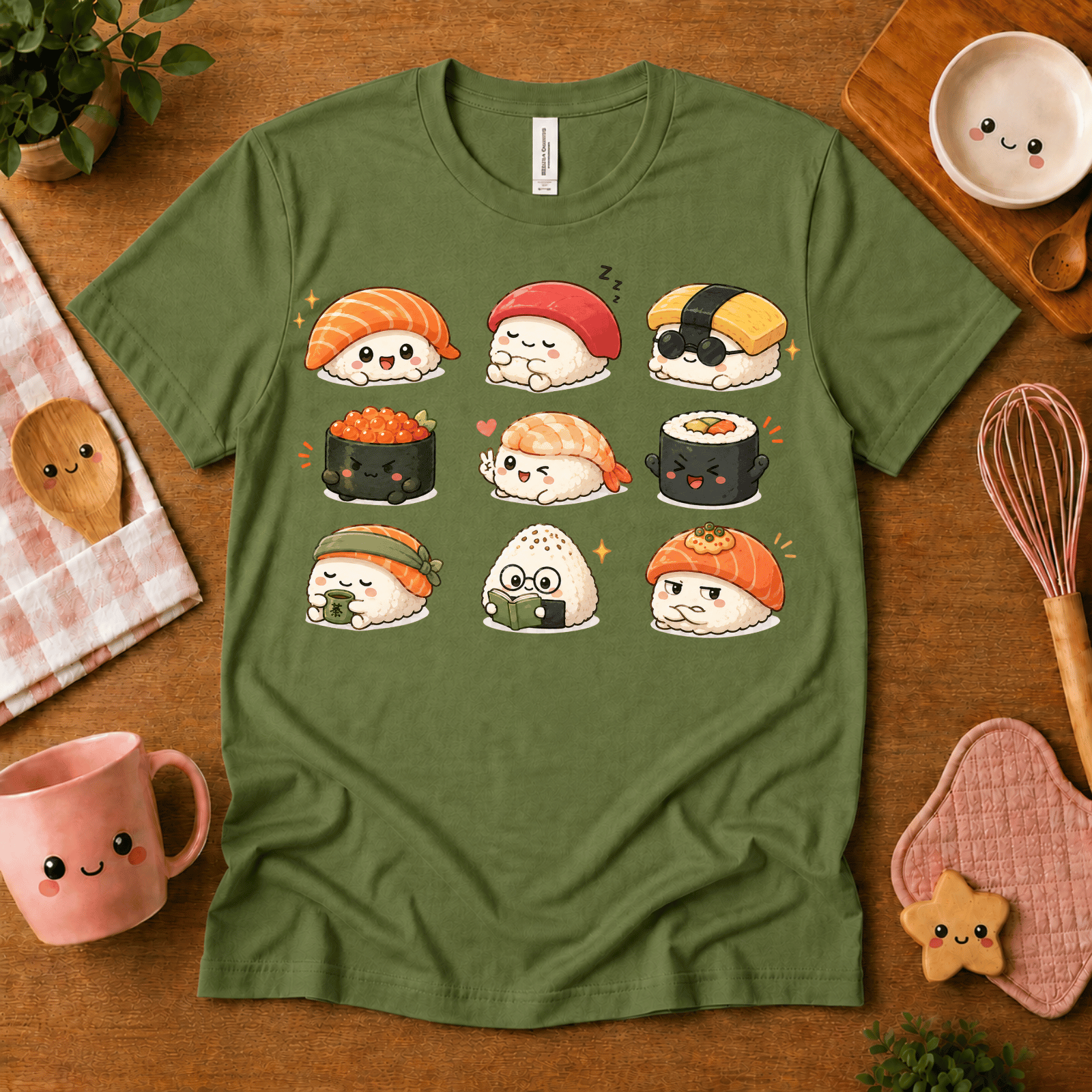Sushi cute food graphic t-shirt cozy flat lay in leaf.