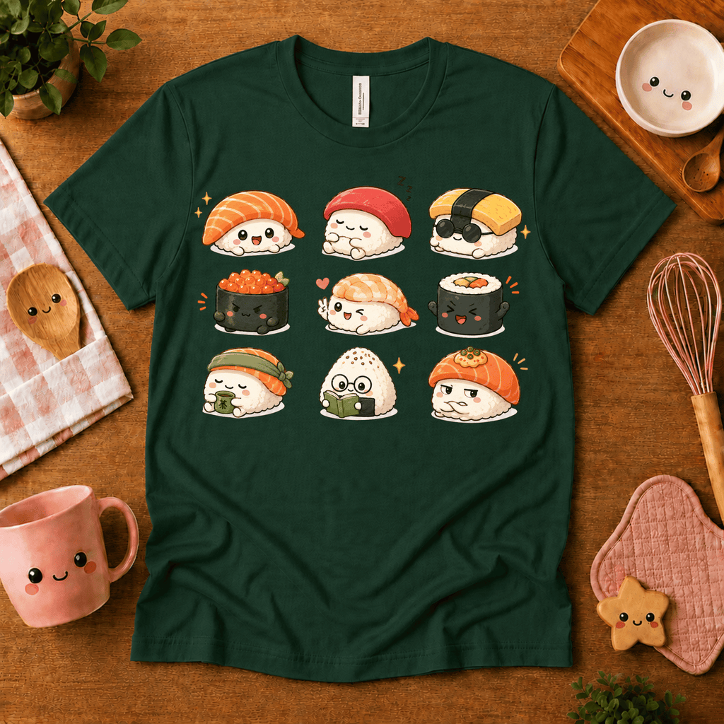 Sushi cute food graphic t-shirt cozy flat lay in evergreen.