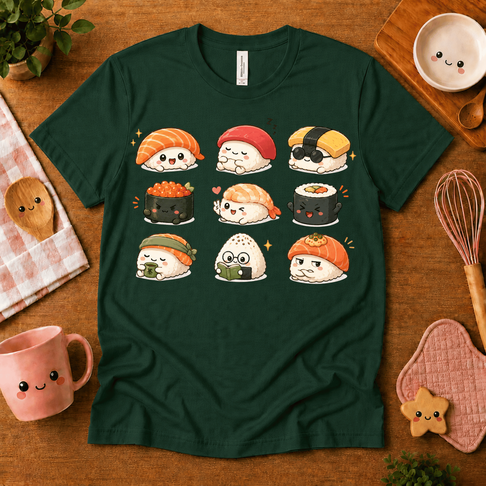 Sushi cute food graphic t-shirt cozy flat lay in evergreen.
