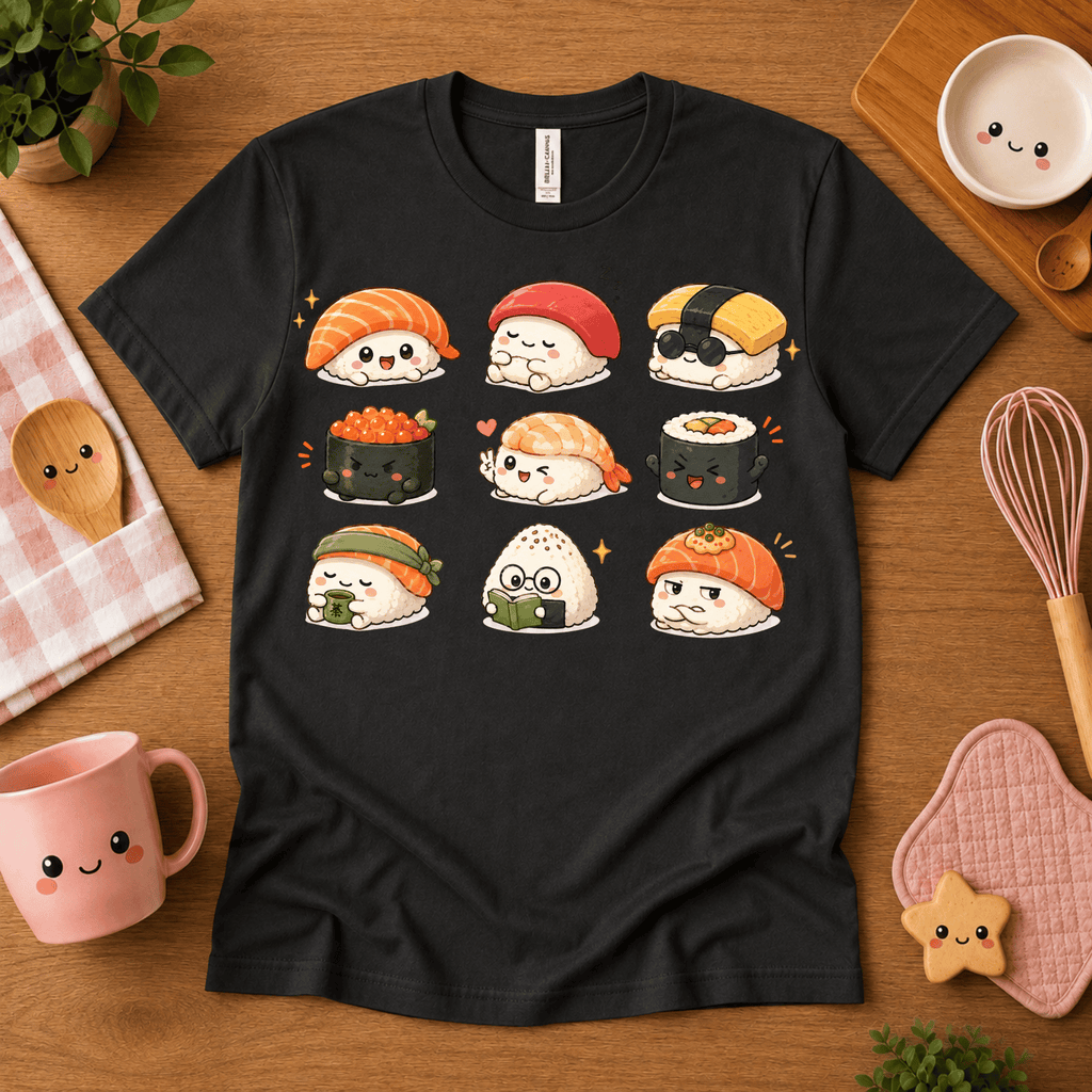 Sushi cute food graphic t-shirt cozy flat lay in vintage black.
