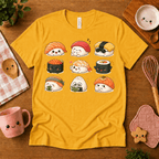 Sushi cute food graphic t-shirt cozy flat lay in gold.