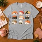 Sushi cute food graphic t-shirt cozy flat lay in athletic heather.