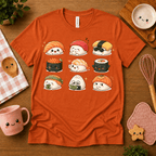 Sushi cute food graphic t-shirt cozy flat lay in burnt orange.