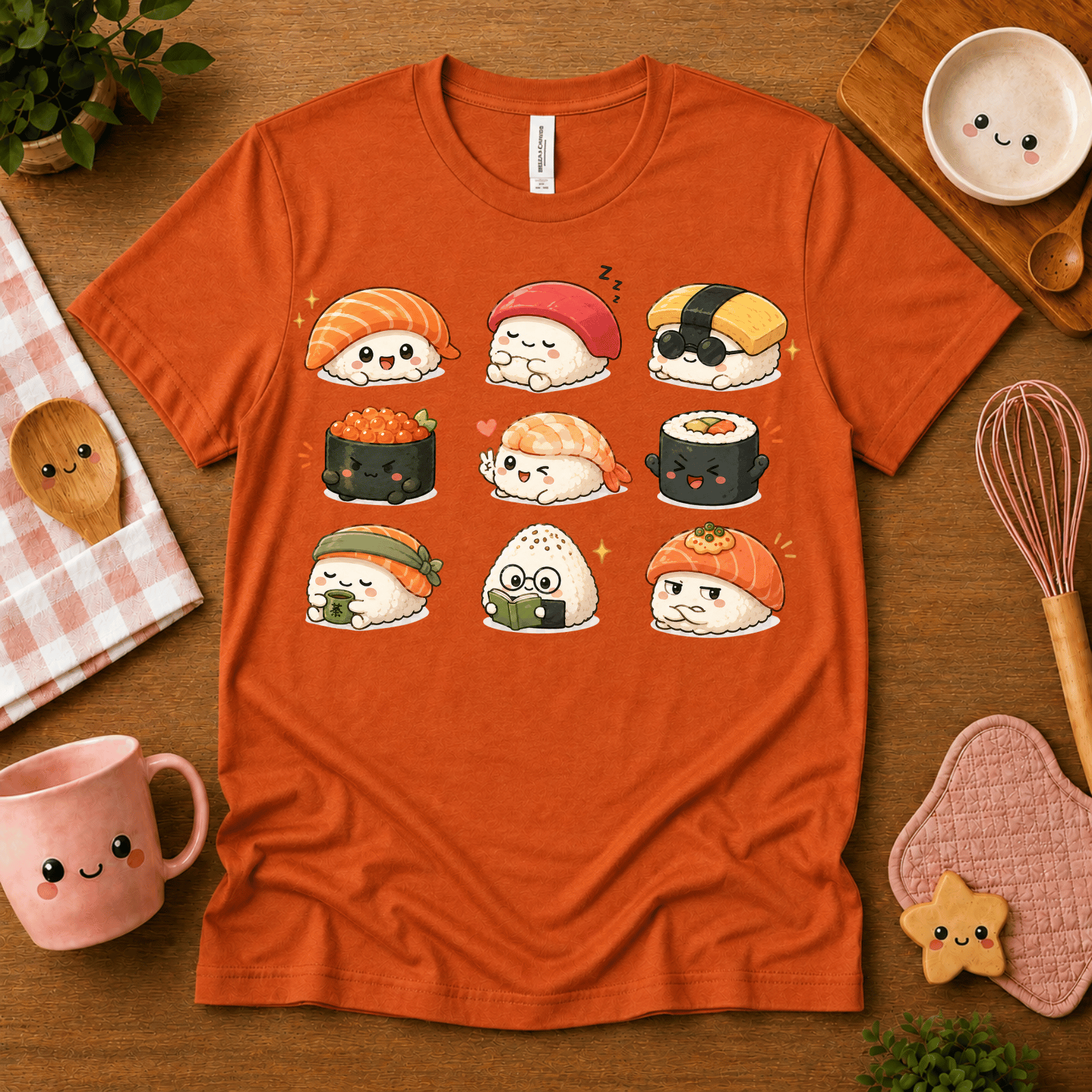 Sushi cute food graphic t-shirt cozy flat lay in burnt orange.
