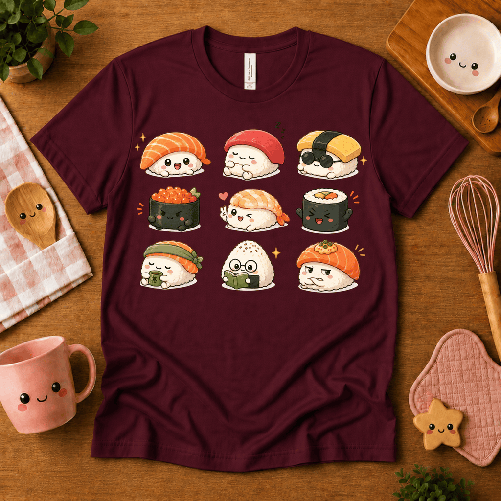 Sushi cute food graphic t-shirt cozy flat lay in maroon.