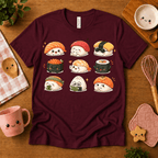 Sushi cute food graphic t-shirt cozy flat lay in maroon.