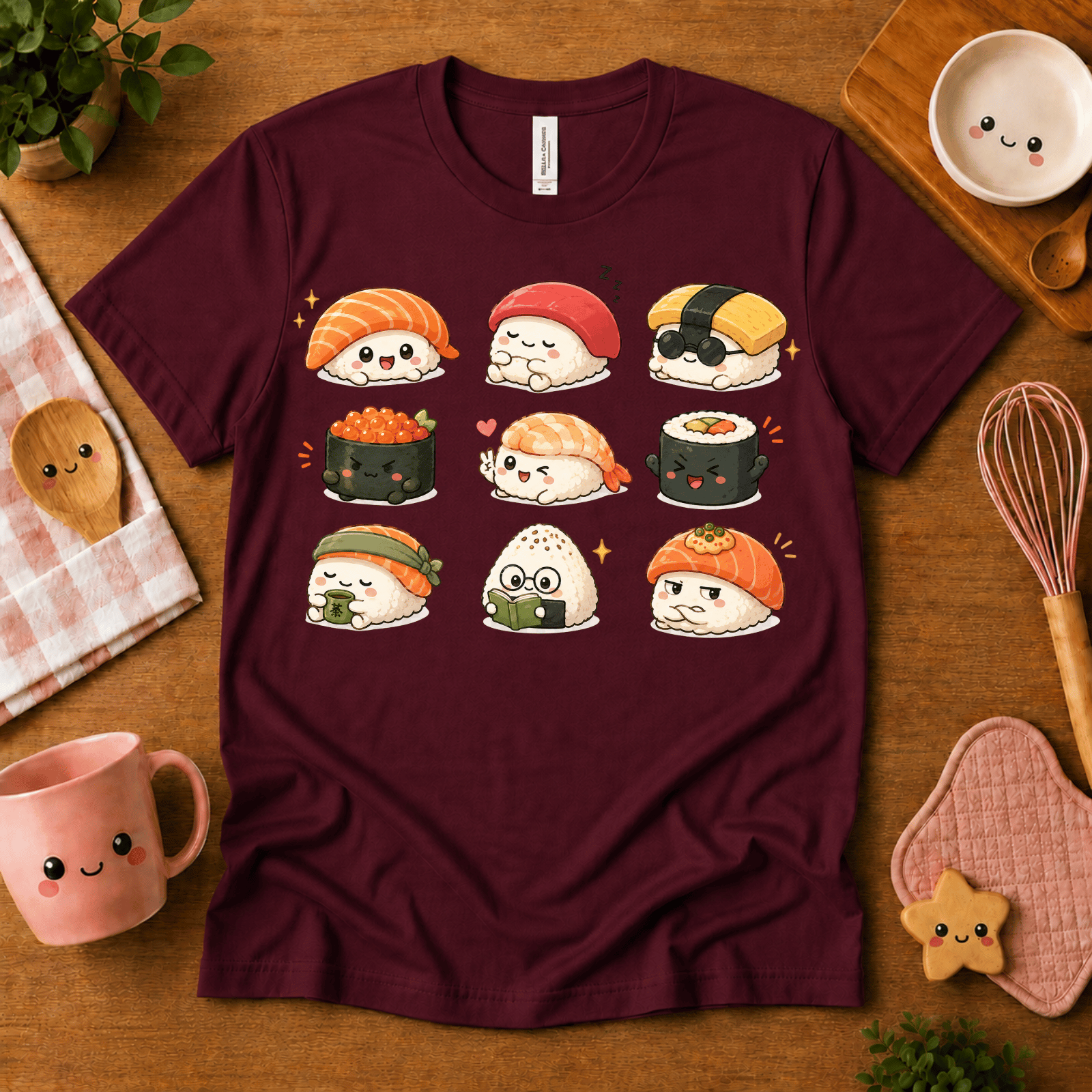 Sushi cute food graphic t-shirt cozy flat lay in maroon.