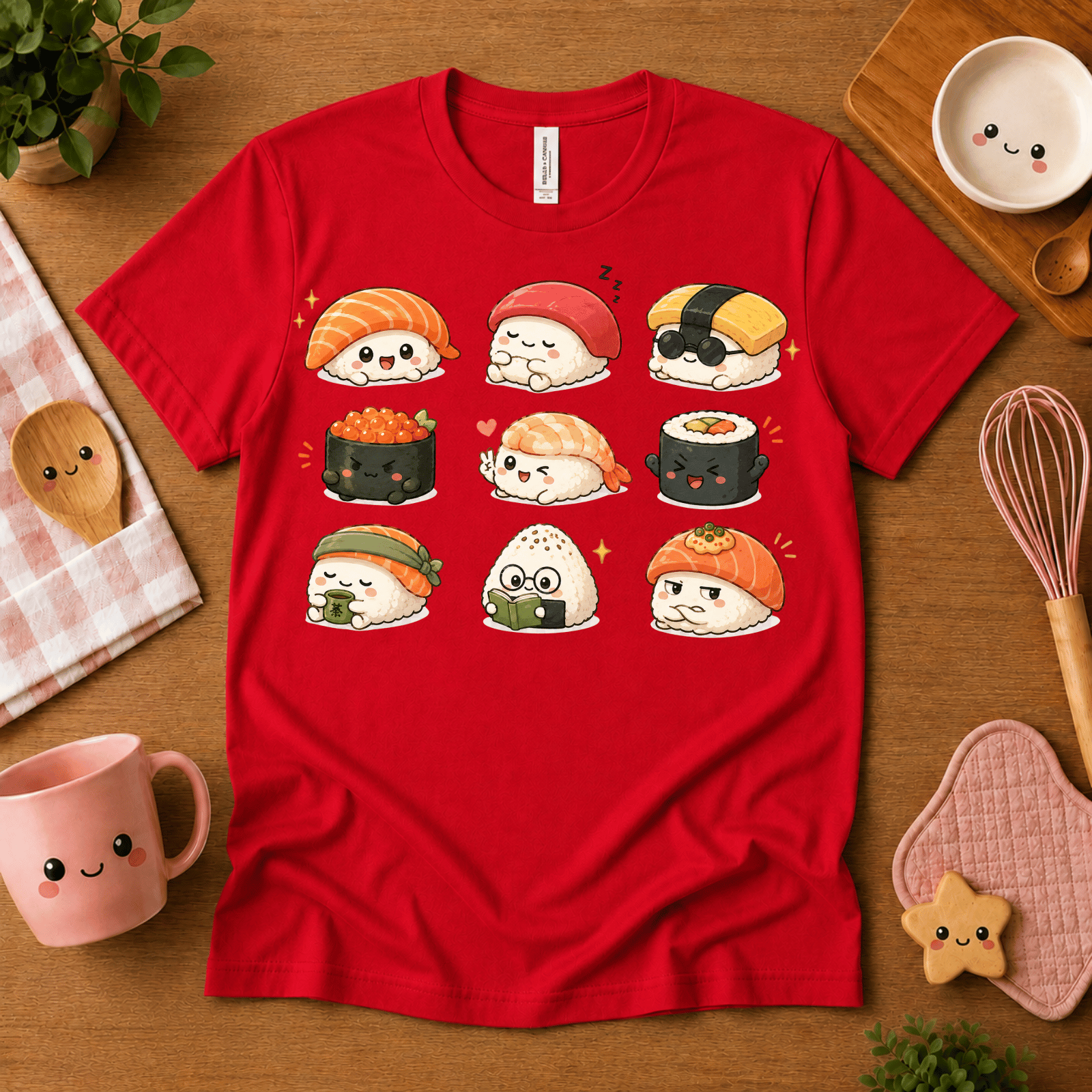 Sushi cute food graphic t-shirt cozy flat lay in red.