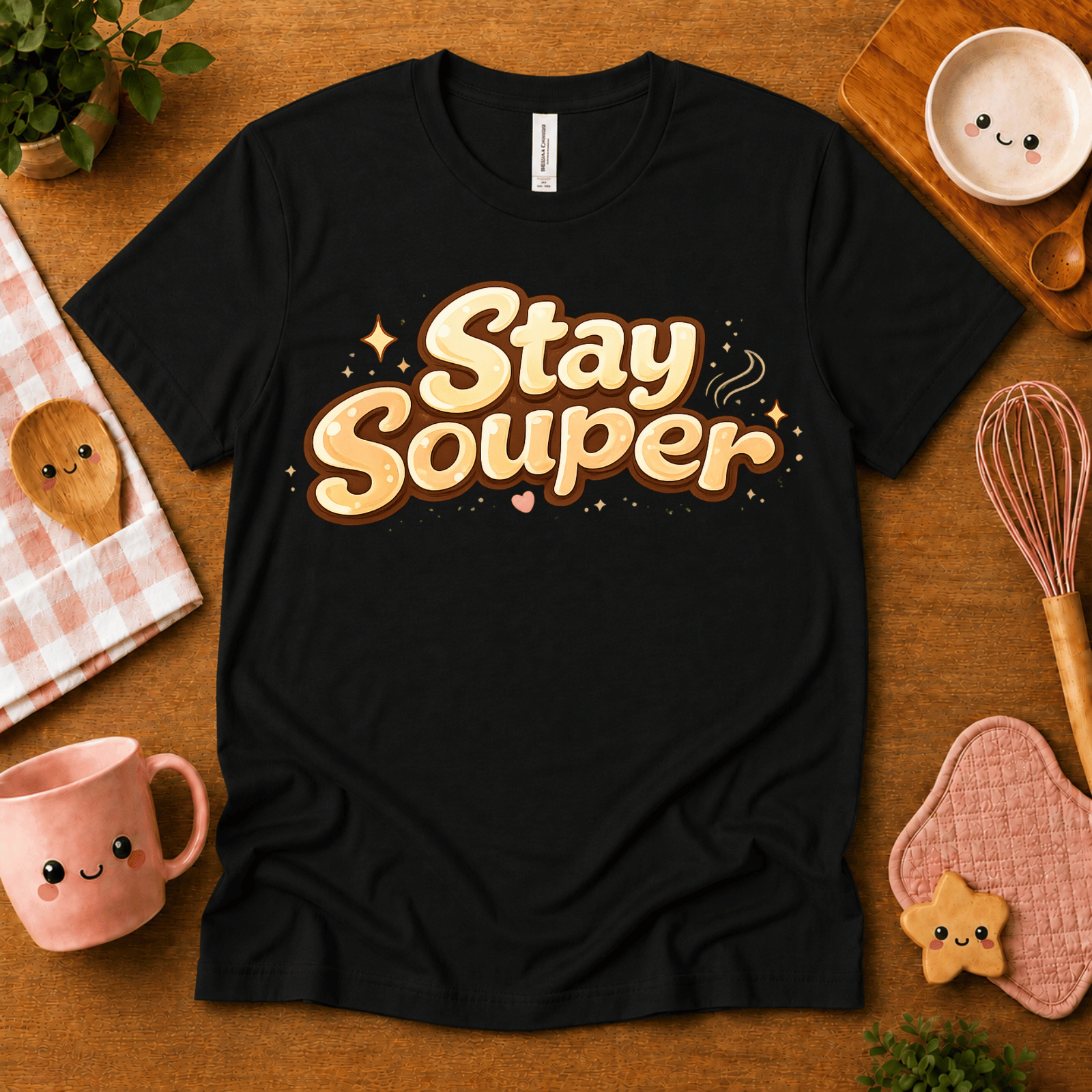 Stay Souper food graphic t-shirt cozy flat lay in black.