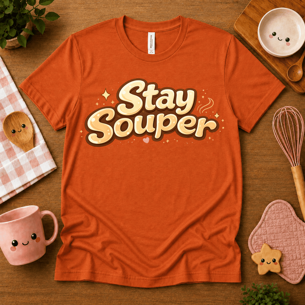 Stay Souper food graphic t-shirt cozy flat lay in burnt orange.