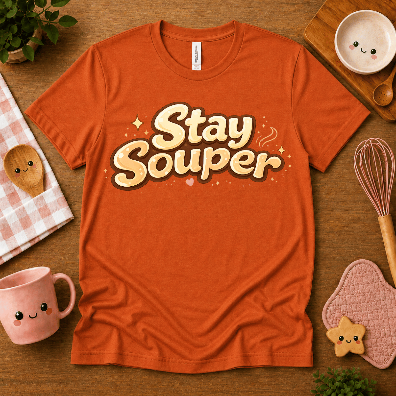Stay Souper food graphic t-shirt cozy flat lay in burnt orange.