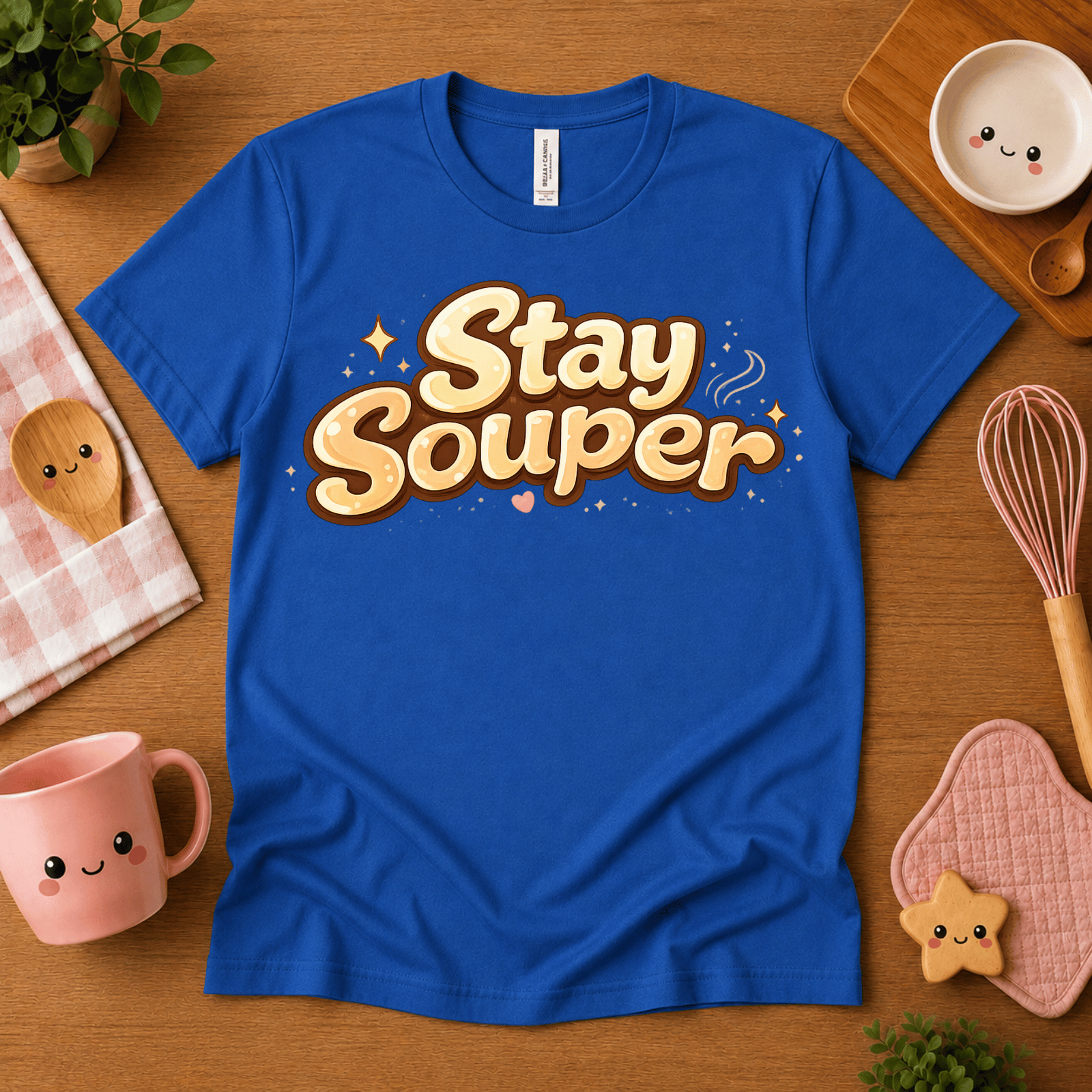 Stay Souper food graphic t-shirt cozy flat lay in true royal.