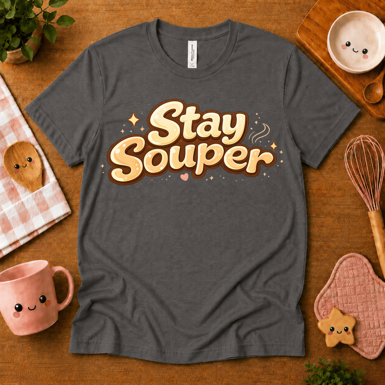 Stay Souper food graphic t-shirt cozy flat lay in asphalt.