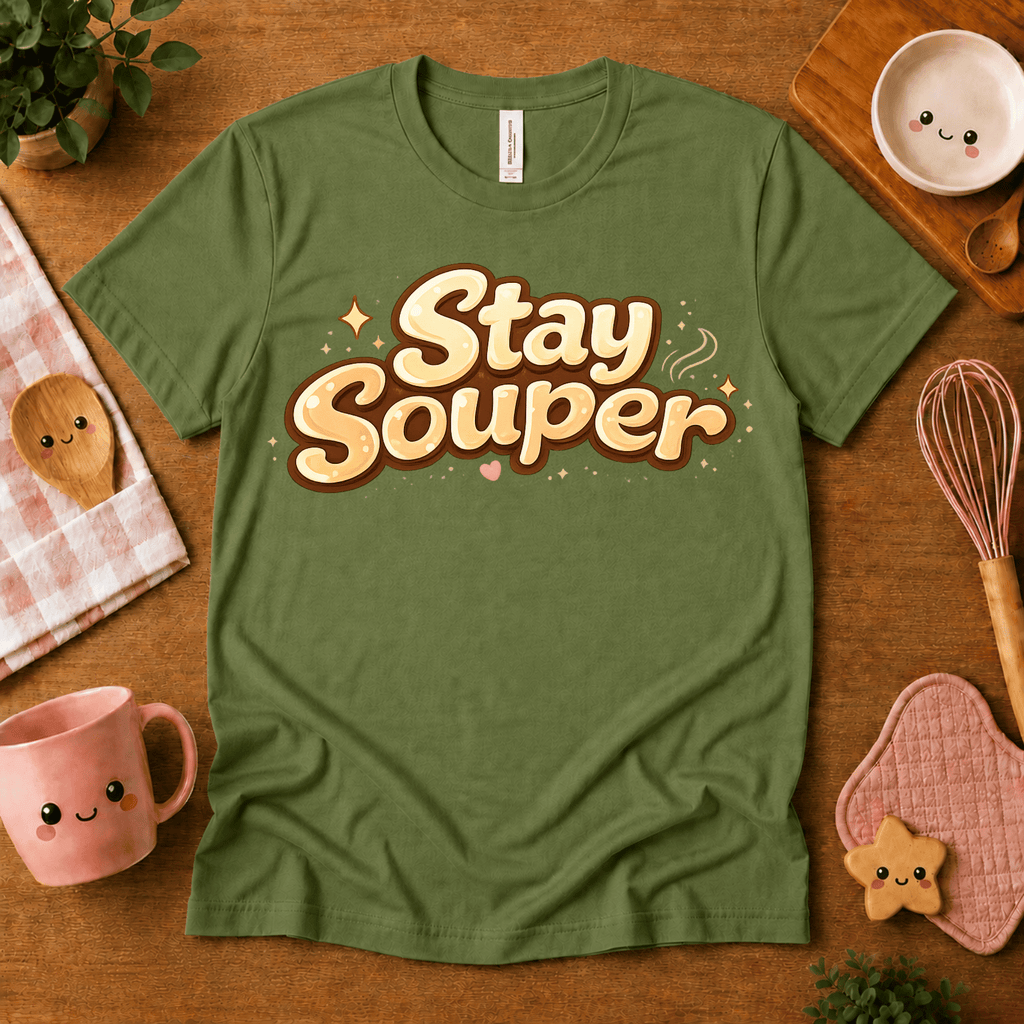 Stay Souper food graphic t-shirt cozy flat lay in leaf.