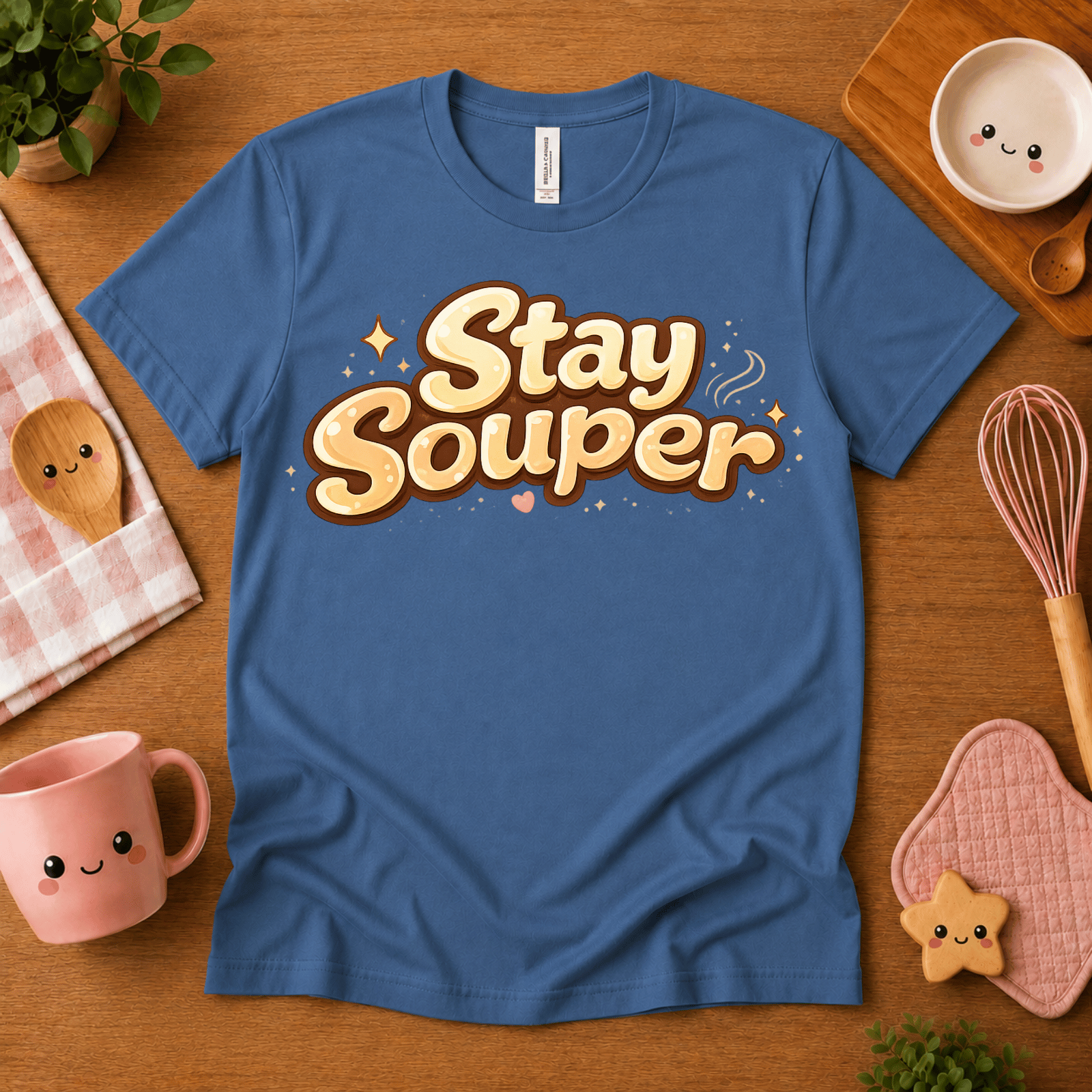 Stay Souper food graphic t-shirt cozy flat lay in steel blue.