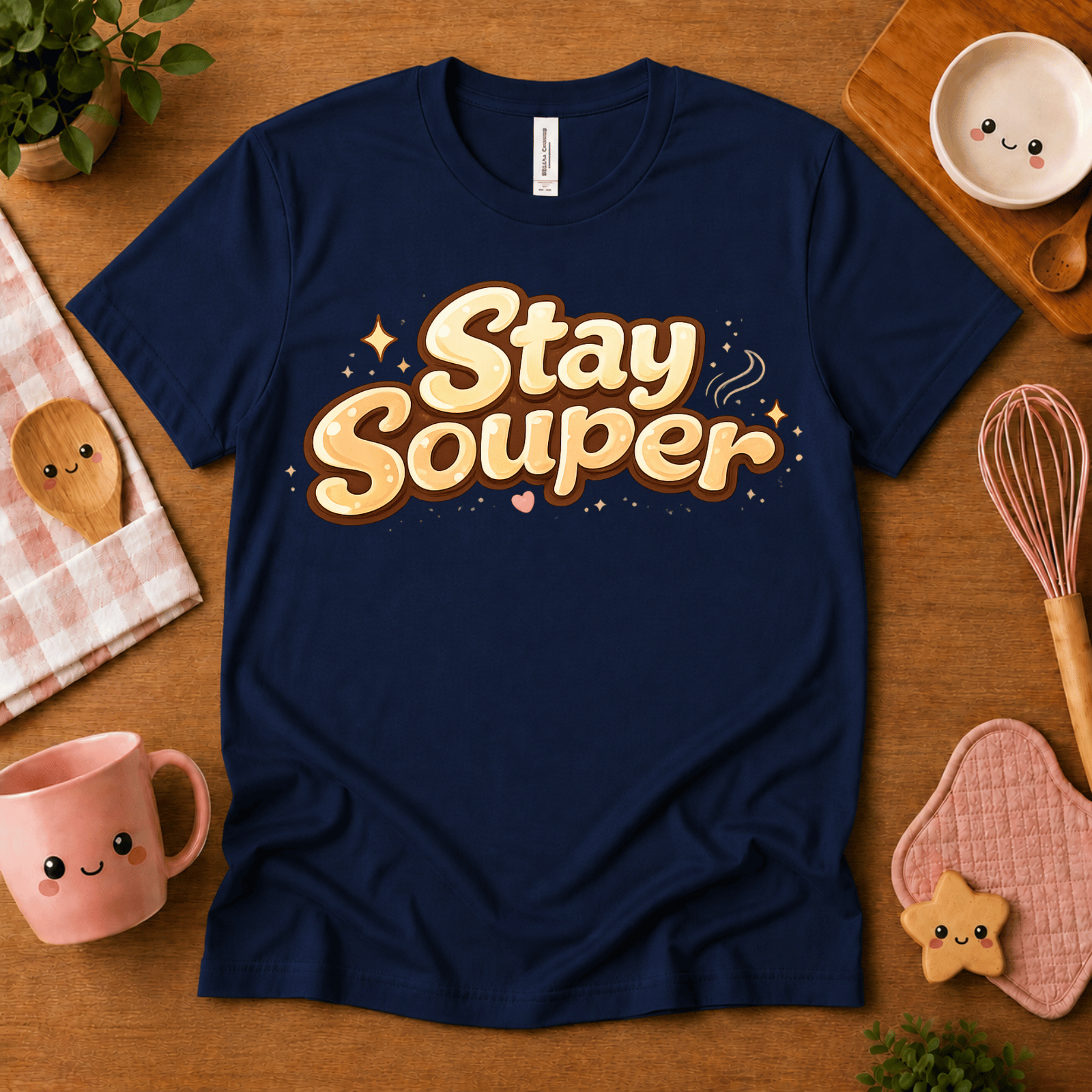 Stay Souper food graphic t-shirt cozy flat lay in navy.