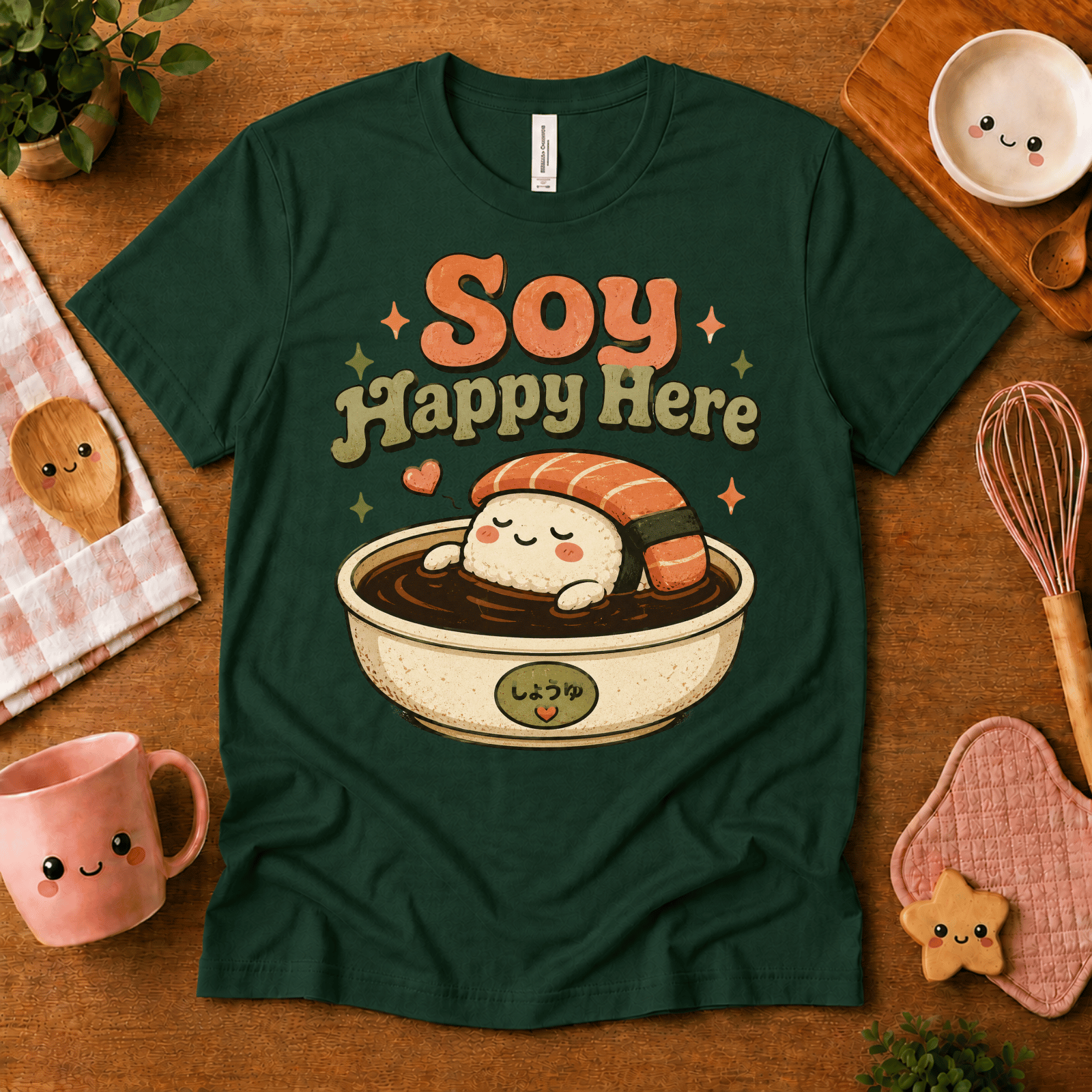 Soy Happy Here cute food graphic t-shirt cozy flat lay in evergreen.