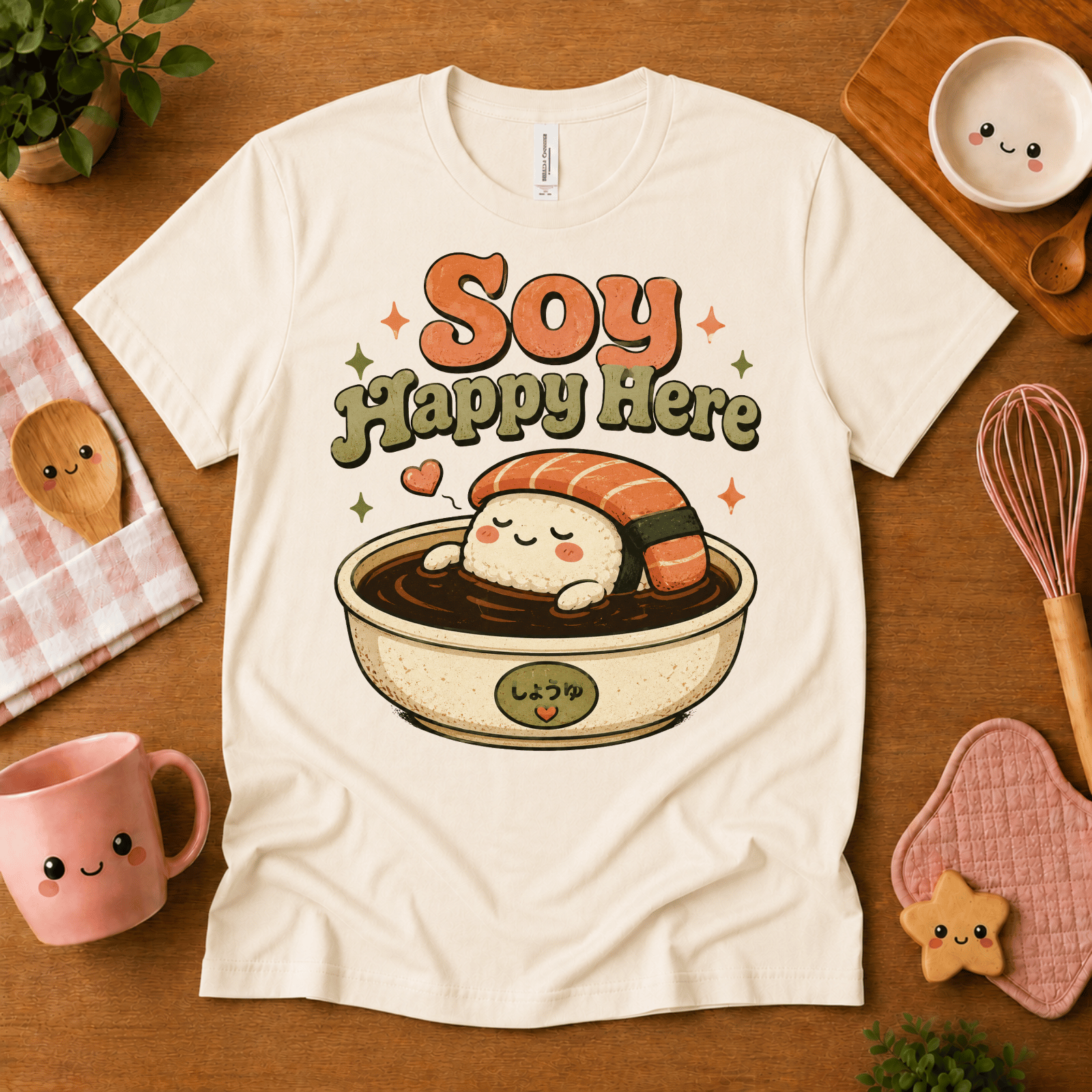 Soy Happy Here cute food graphic t-shirt cozy flat lay in natural.