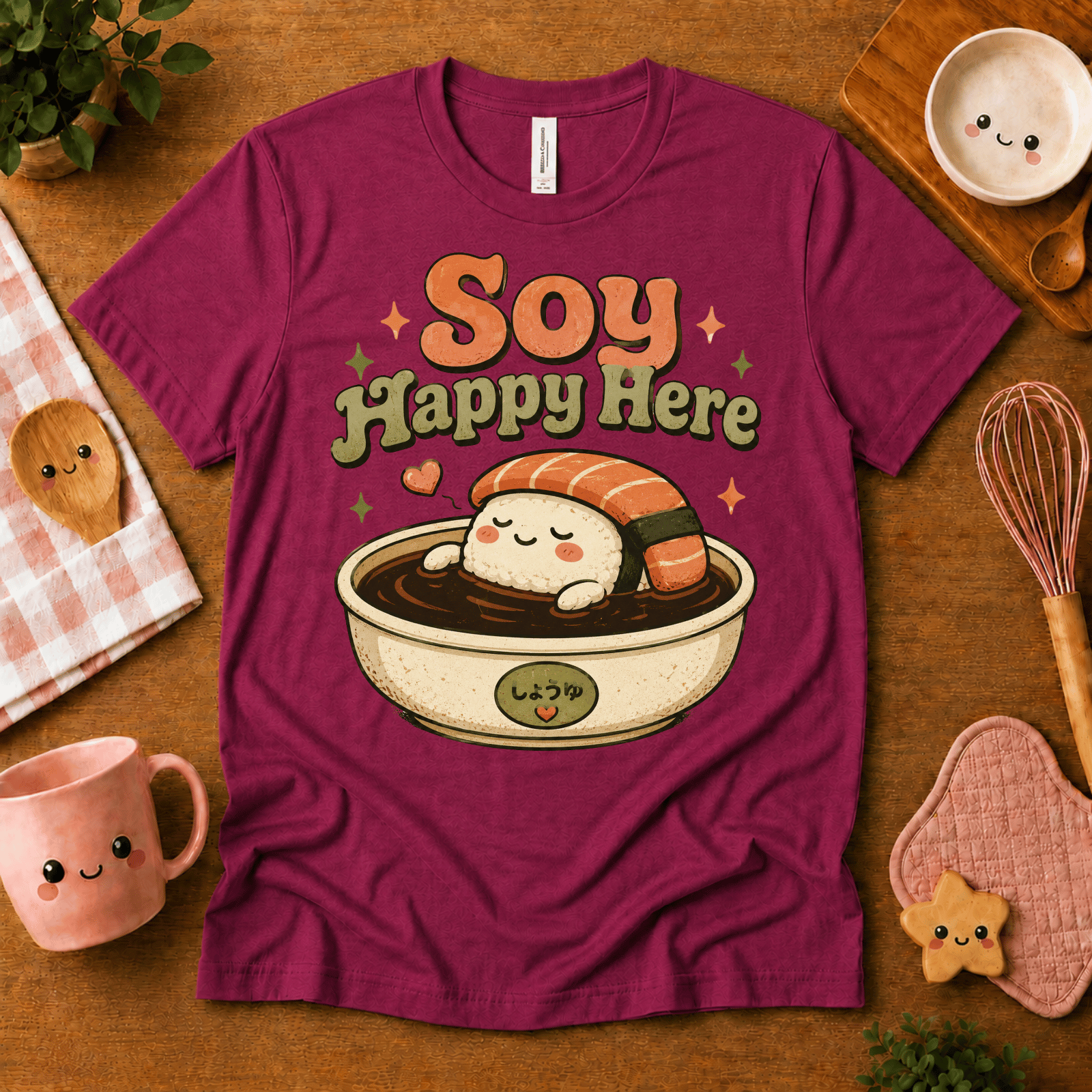 Soy Happy Here cute food graphic t-shirt cozy flat lay in berry.