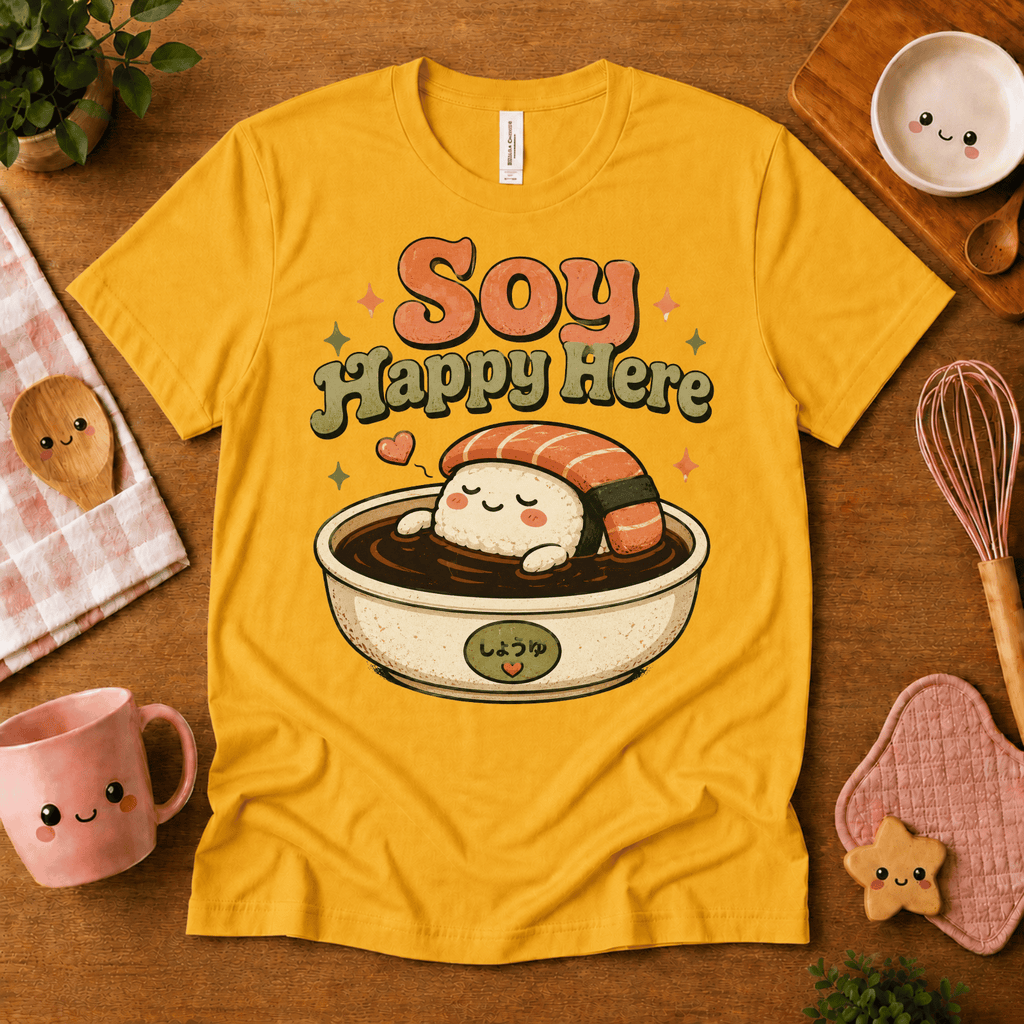 Soy Happy Here cute food graphic t-shirt cozy flat lay in gold.