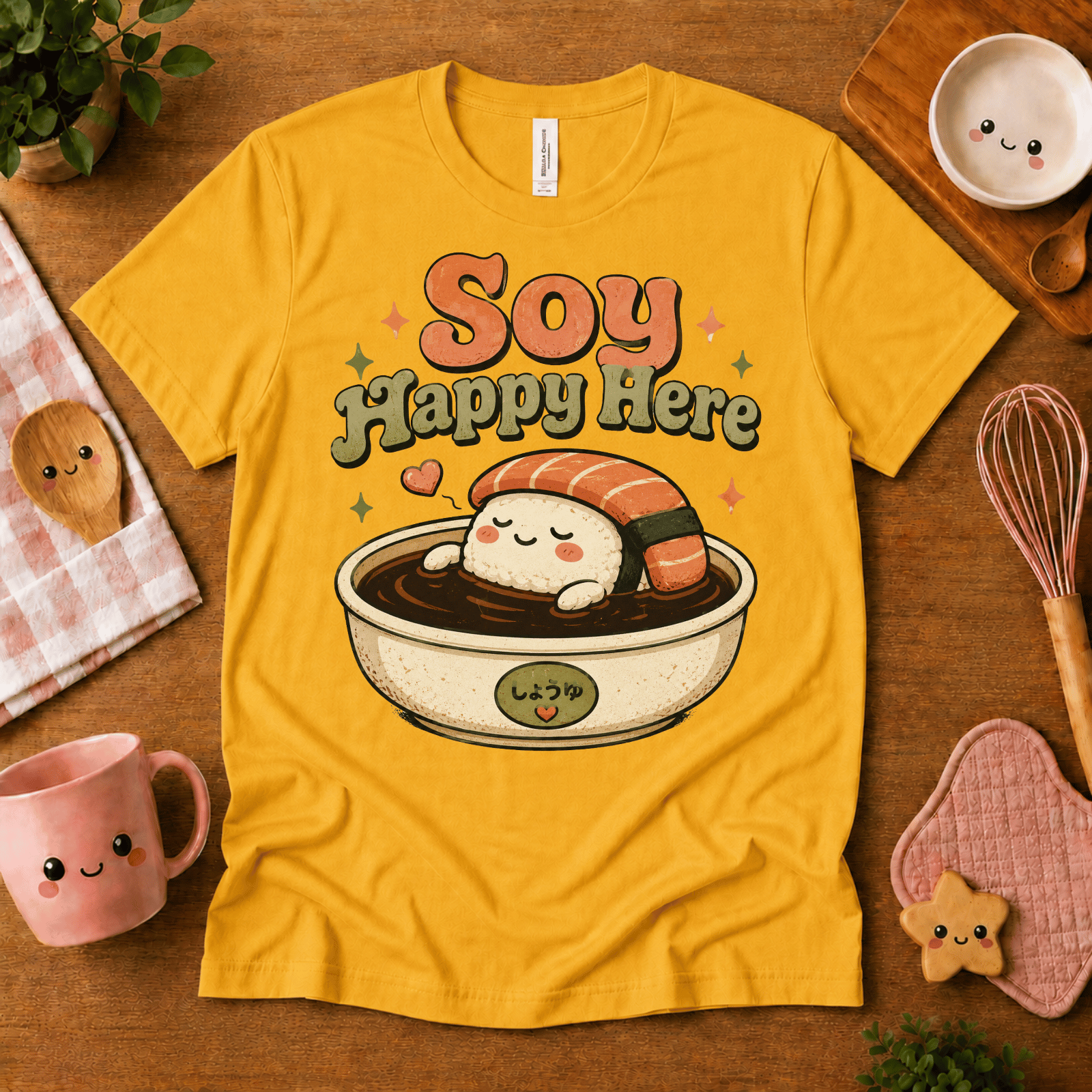 Soy Happy Here cute food graphic t-shirt cozy flat lay in gold.
