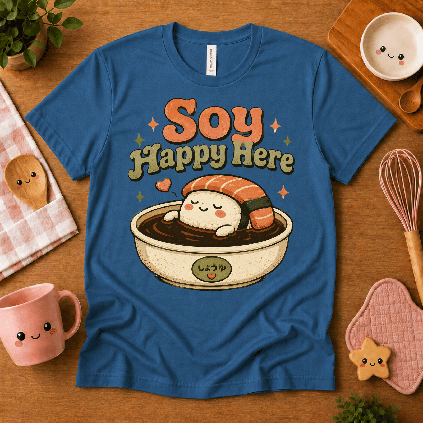 Soy Happy Here cute food graphic t-shirt cozy flat lay in ocean blue.