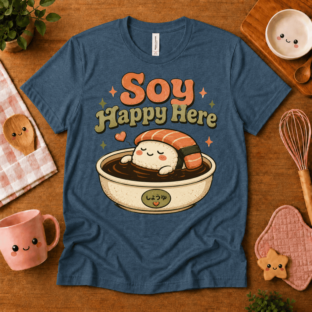 Soy Happy Here cute food graphic t-shirt cozy flat lay in deep heather.