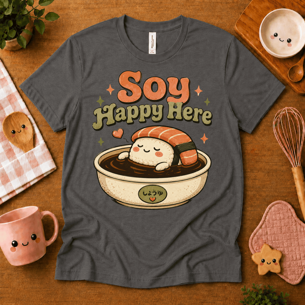 Soy Happy Here cute food graphic t-shirt cozy flat lay in asphalt.