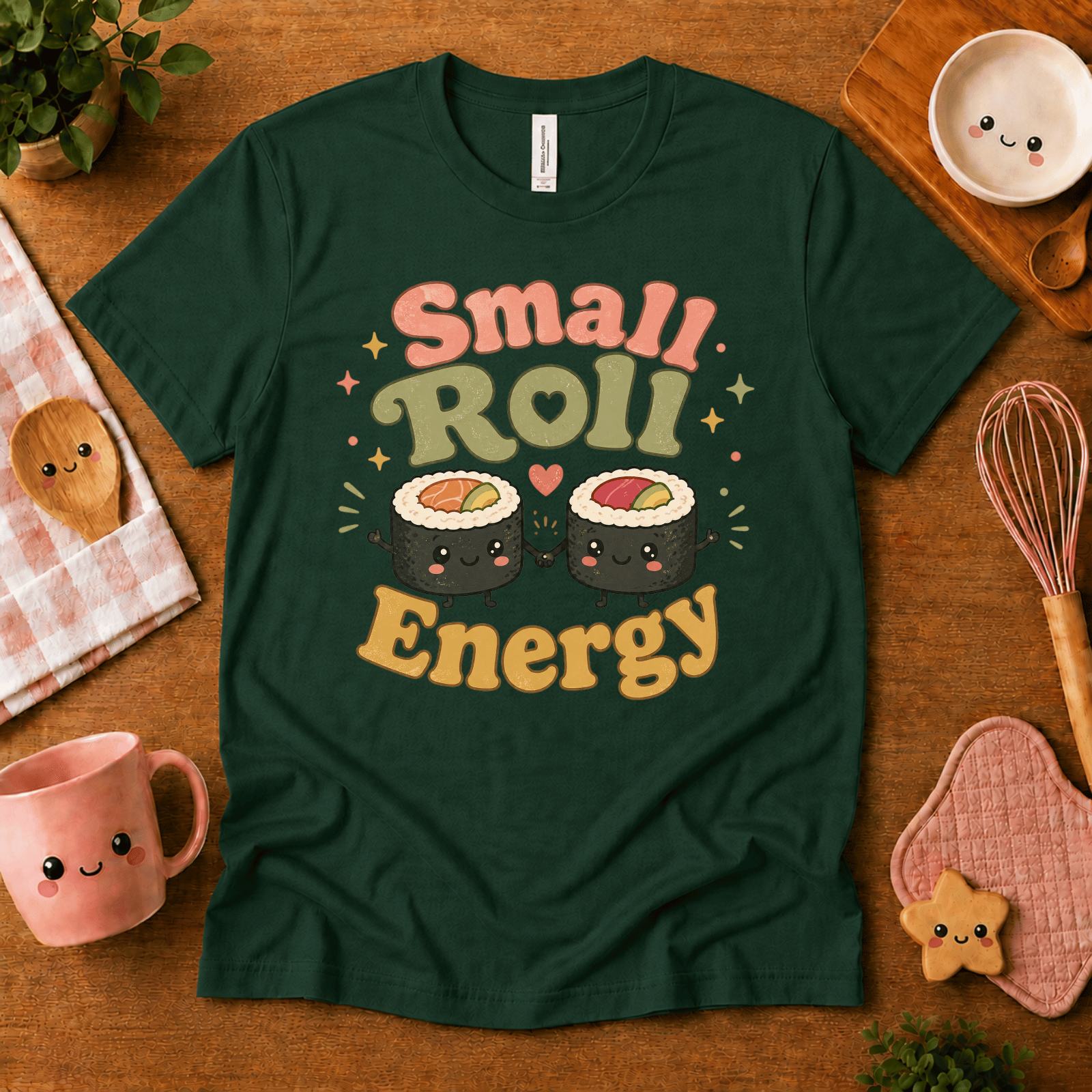Small Roll Energy cute food graphic t-shirt cozy flat lay in evergreen.