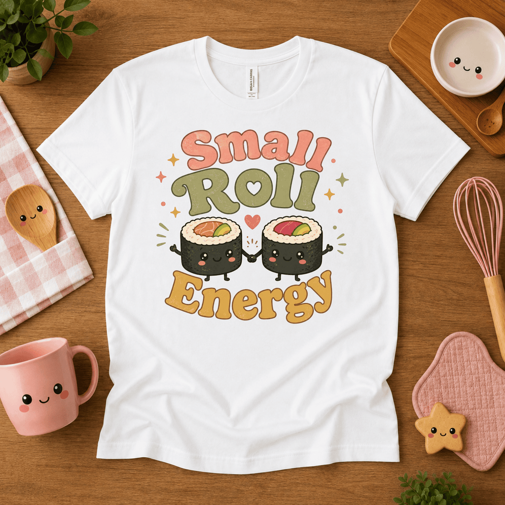Small Roll Energy cute food graphic t-shirt cozy flat lay in white.