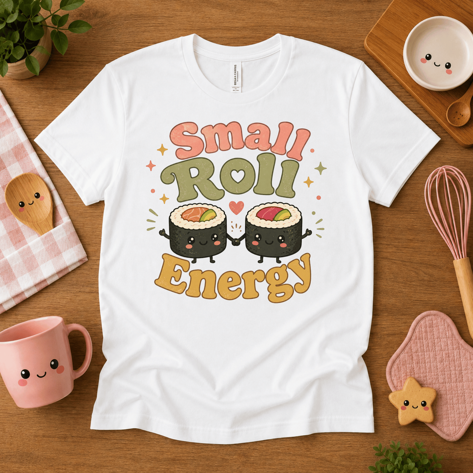Small Roll Energy cute food graphic t-shirt cozy flat lay in white.