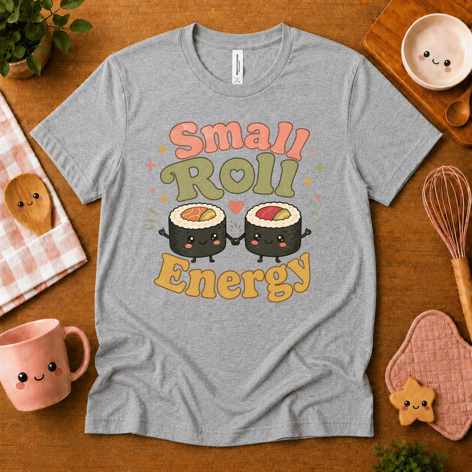 Small Roll Energy cute food graphic t-shirt cozy flat lay in athletic heather.