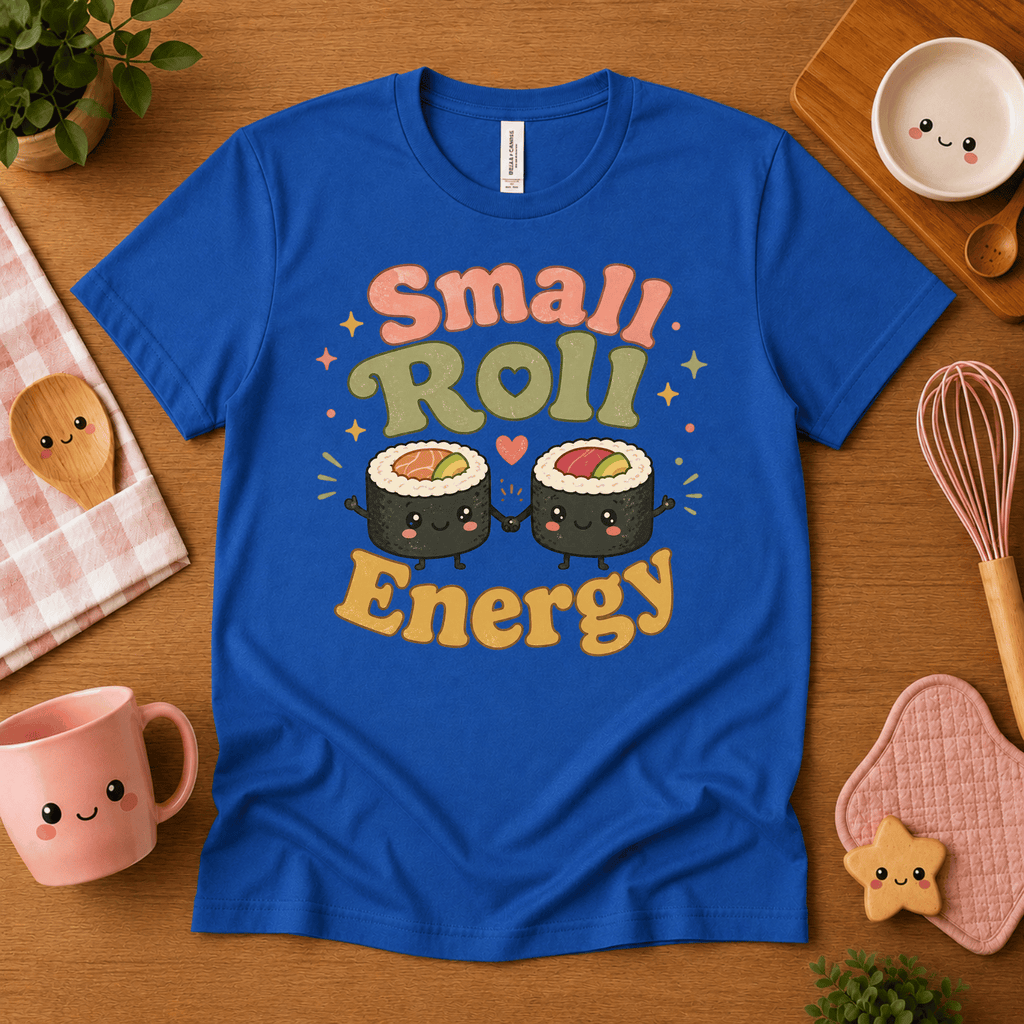 Small Roll Energy cute food graphic t-shirt cozy flat lay in true royal.