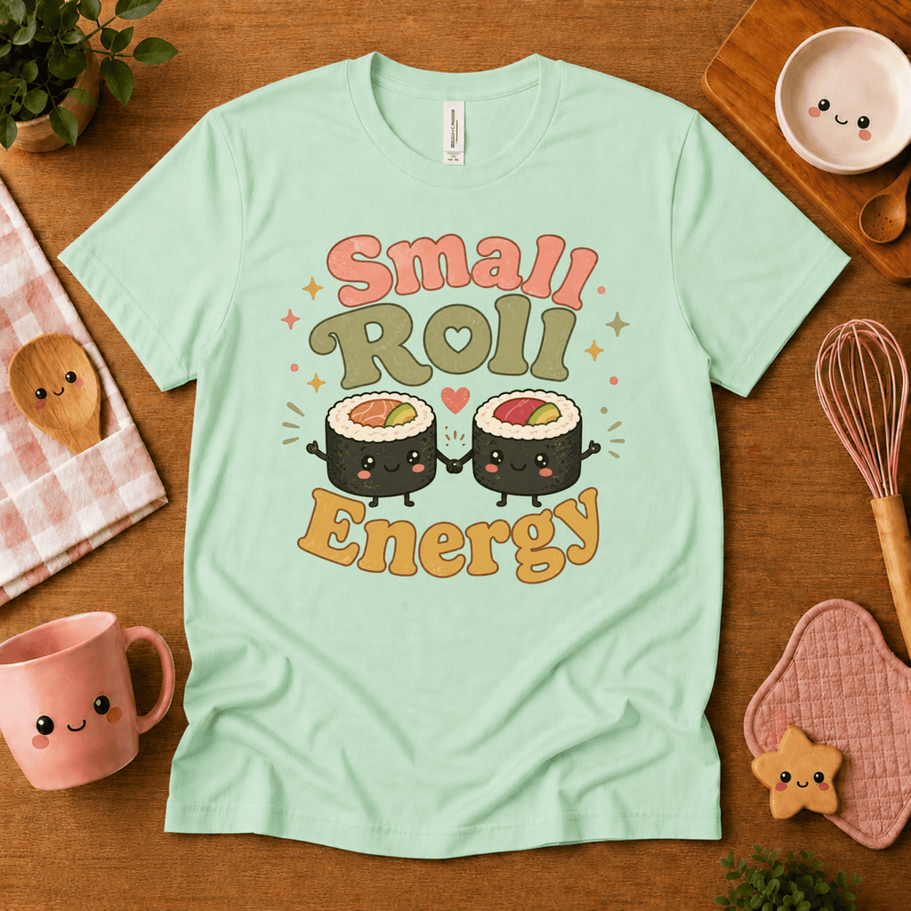 Small Roll Energy cute food graphic t-shirt cozy flat lay in mint.