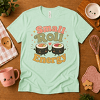 Small Roll Energy cute food graphic t-shirt cozy flat lay in mint.