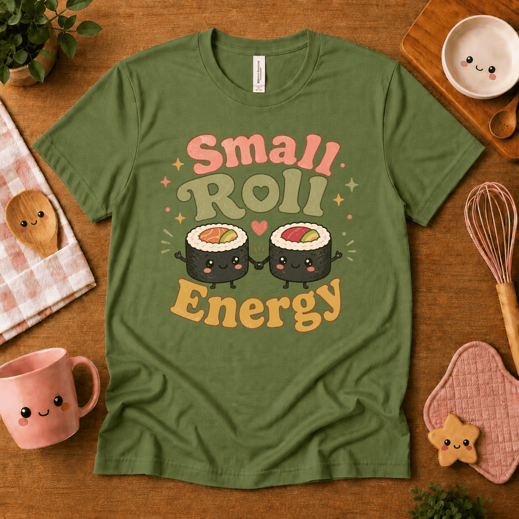 Small Roll Energy cute food graphic t-shirt cozy flat lay in leaf.