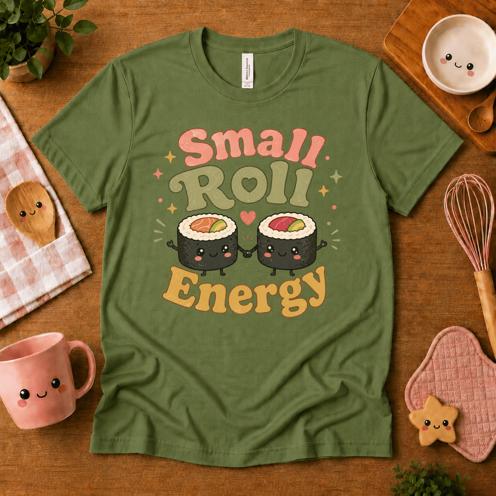 Small Roll Energy cute food graphic t-shirt cozy flat lay in leaf.