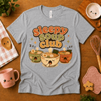 Sleepy Soup Club cute food graphic t-shirt cozy flat lay in athletic heather.