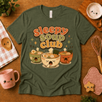 Sleepy Soup Club cute food graphic t-shirt cozy flat lay in army.