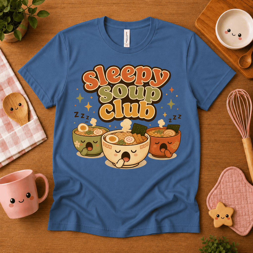 Sleepy Soup Club cute food graphic t-shirt cozy flat lay in steel blue.
