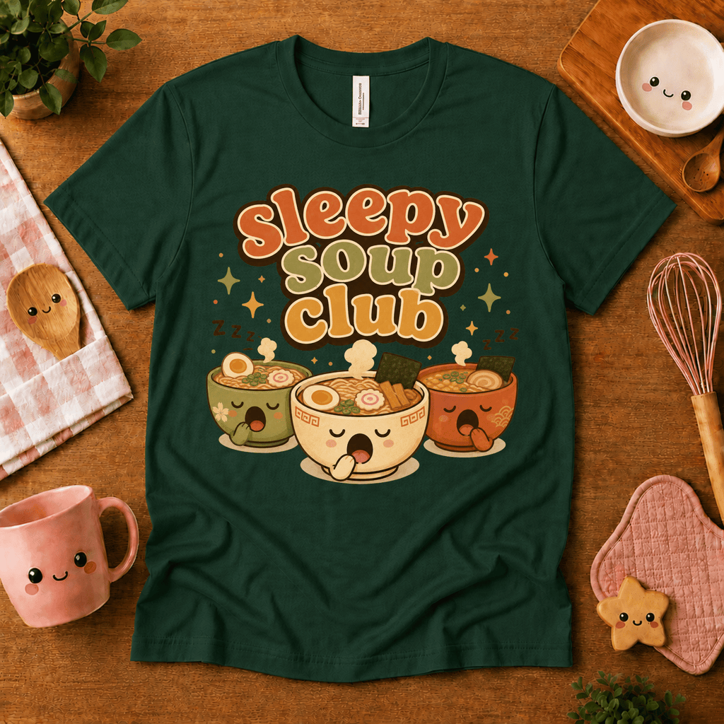 Sleepy Soup Club cute food graphic t-shirt cozy flat lay in evergreen.
