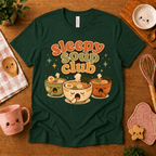 Sleepy Soup Club cute food graphic t-shirt cozy flat lay in evergreen.