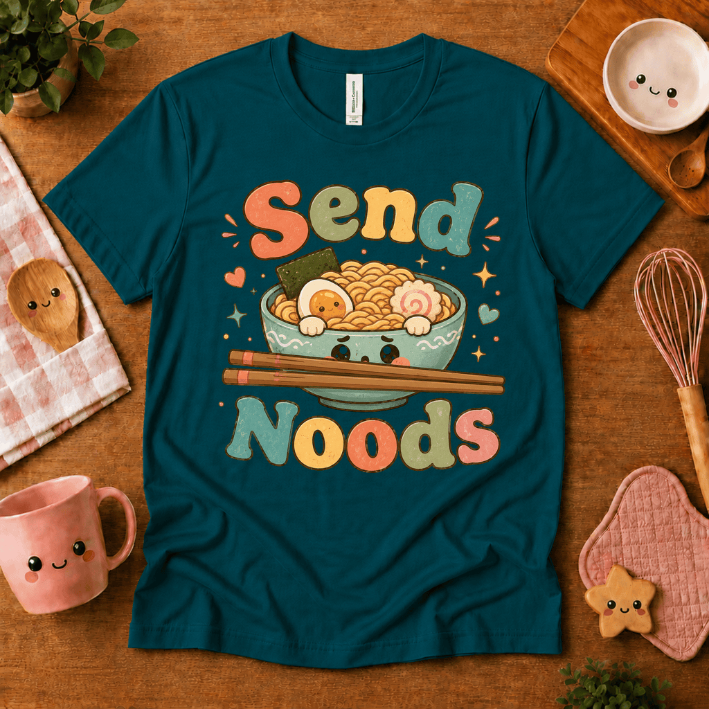 Send Noods cute food graphic t-shirt cozy flat lay in deep teal.