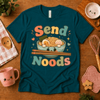 Send Noods cute food graphic t-shirt cozy flat lay in deep teal.