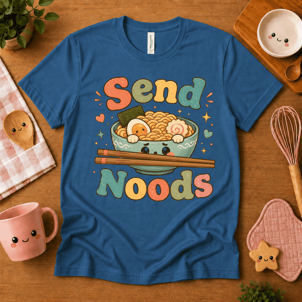Send Noods cute food graphic t-shirt cozy flat lay in ocean blue.