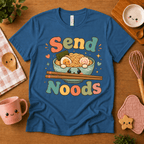 Send Noods cute food graphic t-shirt cozy flat lay in ocean blue.