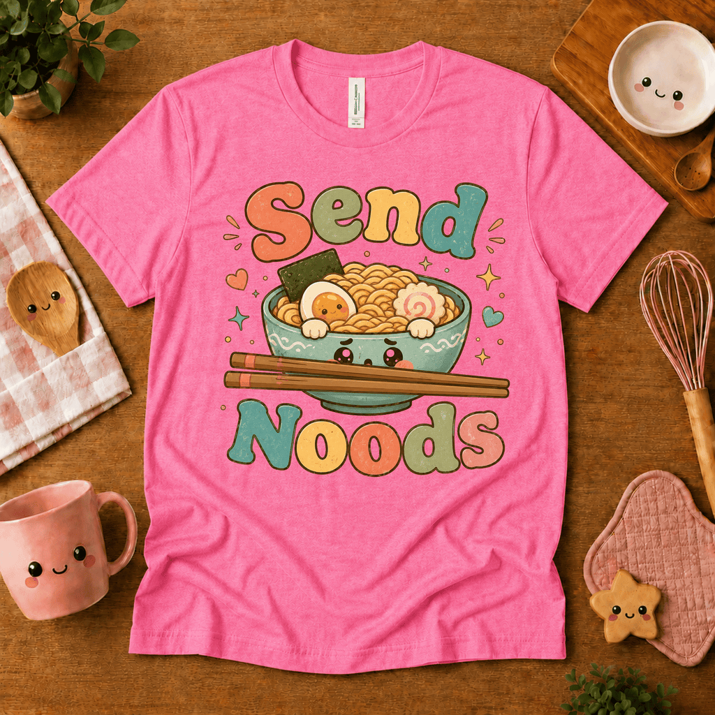Send Noods cute food graphic t-shirt cozy flat lay in charity pink.