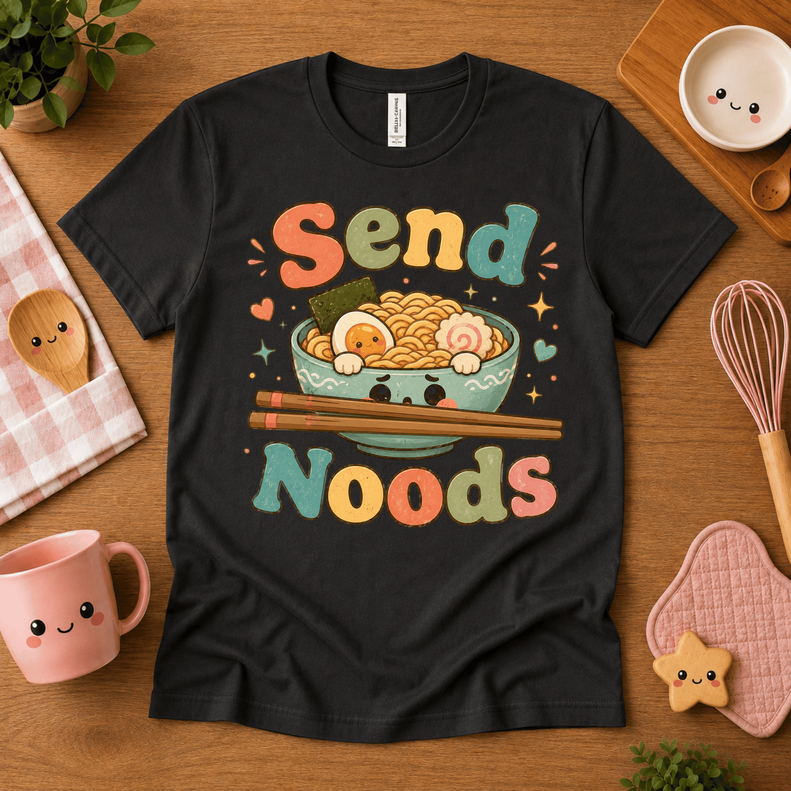Send Noods cute food graphic t-shirt cozy flat lay in vintage black.