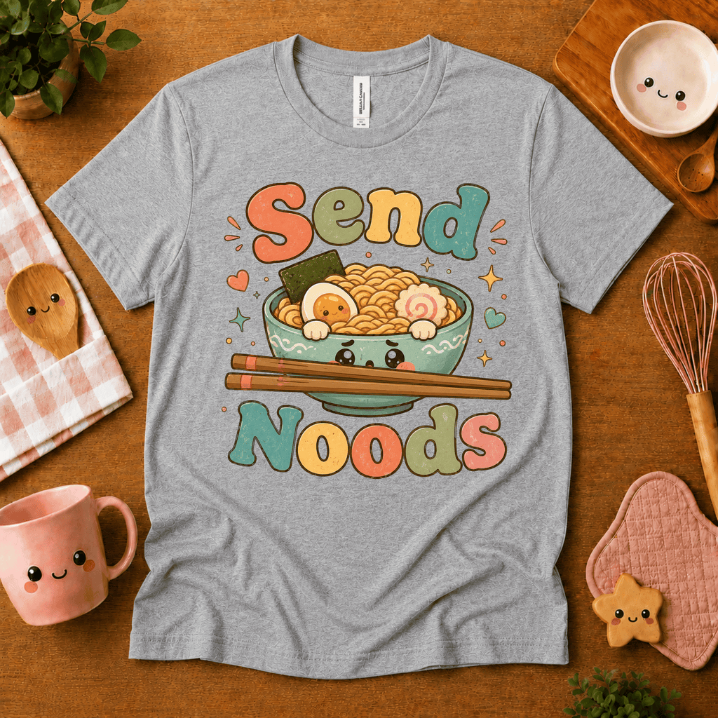 Send Noods cute food graphic t-shirt cozy flat lay in athletic heather.