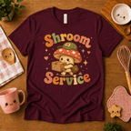 Shroom Service cute food graphic t-shirt cozy flat lay in maroon.